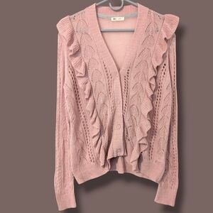 Ovla Pastel Pink Ruffle Open Knit V-Neck Button-Up Longline Cardigan Coquette